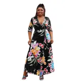 Women V-neck Half-Sleeve Slit Dress Bohemian Beach Maxi Dress