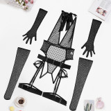 Women polka dot mesh v-neck tie Halter Neck one-piece Sexy Lingerie Set