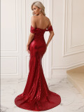 Autumn And Winter Chic Dress Women's Formal Party Sexy Off Shoulder Sequined Evening Dress