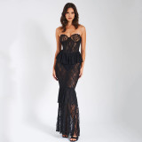 Autumn And Winter Lace See-Through Strapless Fishtail Dress Sexy Tight Fitting Nightclub Style Long Dress
