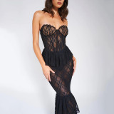 Autumn And Winter Lace See-Through Strapless Fishtail Dress Sexy Tight Fitting Nightclub Style Long Dress