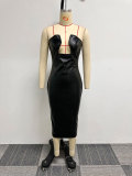 Sexy Tight Fitting Stretch Hollow Back Slit Leather Strapless Bodycon Dress