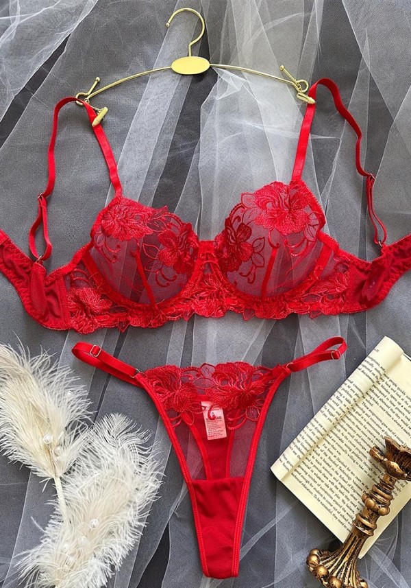 Flower Mesh Embroidery See-Through Sexy Lingerie Set