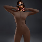 Women's Winter Fashion Solid Color Tight Fitting Zipper Sports Yoga Jumpsuit