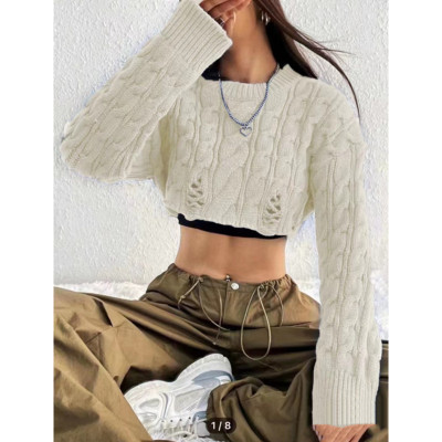Autumn And Winter Fashionable And Versatile Round Neck Crop Long-Sleeved Sweater For Women