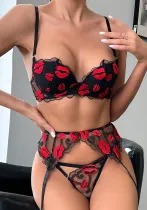 Women Valentine's Day Red Lip Embroidery Sexy Lingerie Three-Piece