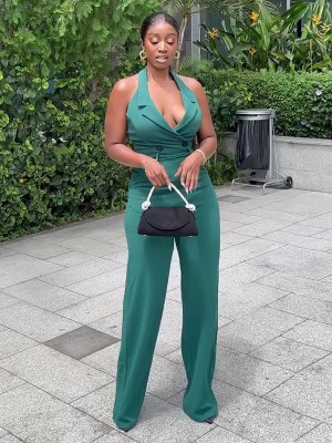 Women Fall Halter Neck Backless Casual Straight Jumpsuit