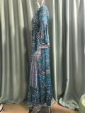 Women Boho Bell Bottom Sleeve Printed V Neck Holidays Maxi Dress