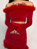 Women Winter Off Shoulder Furry velvet Crop Top and Bodycon Mini Skirt Two-piece Set