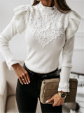 Women Long Sleeve Round Neck Lace Solid Top