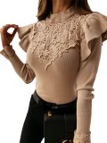 Women Long Sleeve Round Neck Lace Solid Top