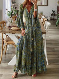 Women Boho Bell Bottom Sleeve Printed V Neck Holidays Maxi Dress