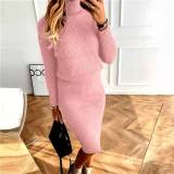 Women turtleneck knitting Solid sweater and Skirt two-piece set