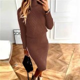 Women turtleneck knitting Solid sweater and Skirt two-piece set