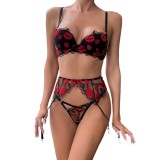 Women Valentine's Day Red Lip Embroidery Sexy Lingerie Three-Piece