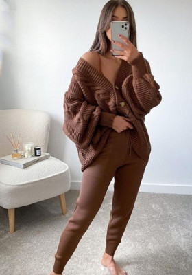Women V-Neck Solid Button Sweater Two-Piece Set