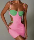 Women Contrast Color Patchwork Suspender Sexy Cut Out Elastic Bandage Dress