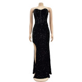 Fashionable Women's Solid Color Sequin Sleeveless Low Back Long Dress