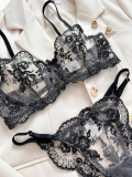 Flower Embroidery See-Through Mesh Sexy Bra and panty lingerie set