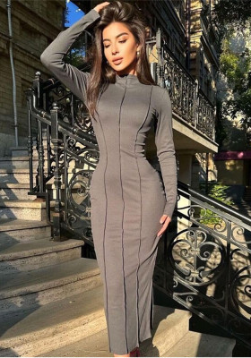 Autumn Women Half Turtle Neck Ribbed Long Sleeve Slim Fit Slim Waist Long Dress