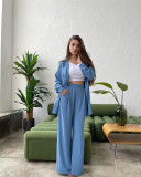 Autumn Fashion Women's Style Loose Lace Long Sleeve Top Wide Leg Pants Two Piece Set