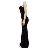 Fashionable Women's Solid Color Sequin Sleeveless Low Back Long Dress