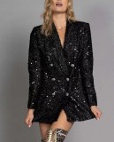 Fashionable V-neck Chic blazer double-breasted black sequin slim long top
