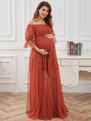 Maternity Formal Evening Gown Short Sleeve Off Shoulder Tulle Solid Color Maternity Long dress