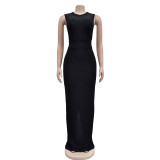 Fashion Women's Solid Color Round Neck Sleeveless Slit Maxi Dress