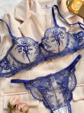 Flower Embroidery See-Through Mesh Sexy Bra and panty lingerie set