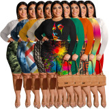 Plus Size Women's Digital Printed High Waist High Stretch Long Sleeve Shorts Fashion Casual Two Piece Shorts Set