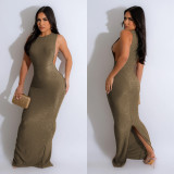 Fashion Women's Solid Color Round Neck Sleeveless Slit Maxi Dress