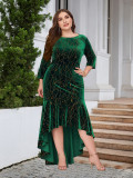 Women's Plus Size Three Quarter Sleeve Mermaid High Low Hem Long Velvet Formal dress