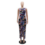 Fashionable floral Tank high-waisted long skirt two-piece set for women