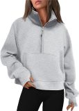 Autumn and Winter Women's Half-Zip Short Stand Collar Plush Solid Color Top