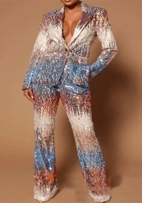 Women's sequin embroidered blazer sequined wide leg pants suit