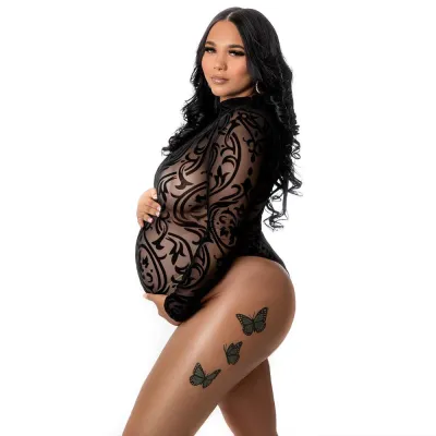 Hollow Mesh Long Sleeve Maternity Jumpsuit