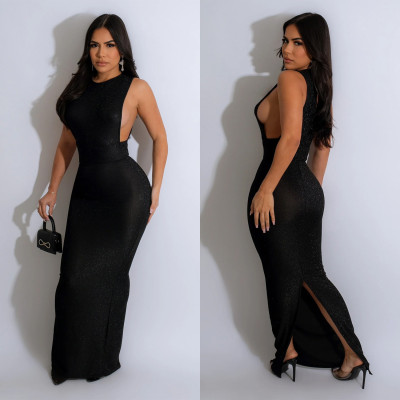 Fashion Women's Solid Color Round Neck Sleeveless Slit Maxi Dress