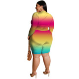 Plus Size Women's Digital Printed High Waist High Stretch Long Sleeve Shorts Fashion Casual Two Piece Shorts Set