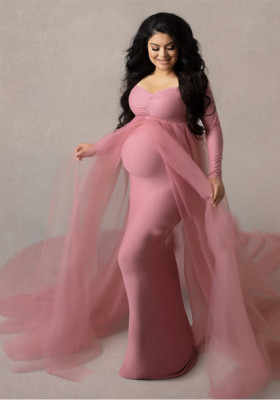 Solid long Sleeve Mesh Patchwork maternity long dress