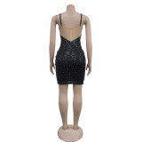 Fashionable women's solid color mesh beaded Straps dress