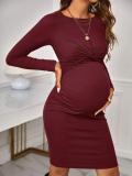 Round Neck long-sleeved knitting Tight Fitting solid color short maternity dress