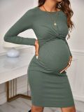 Round Neck long-sleeved knitting Tight Fitting solid color short maternity dress