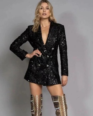 Fashionable V-neck Chic blazer double-breasted black sequin slim long top