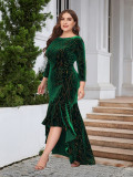 Women's Plus Size Three Quarter Sleeve Mermaid High Low Hem Long Velvet Formal dress