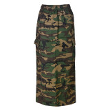 Elastic Waist Women's Spring and Summer Pocket Outdoor Fashion Style Camouflage Washed Skirt