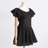 Summer Off Shoulder ruffle embroidered lace Slim Waist Slim Fit Holidays style dress