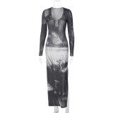 Women's Spring fashion printed sexy u-neck slim-fit side slit long-sleeved dress
