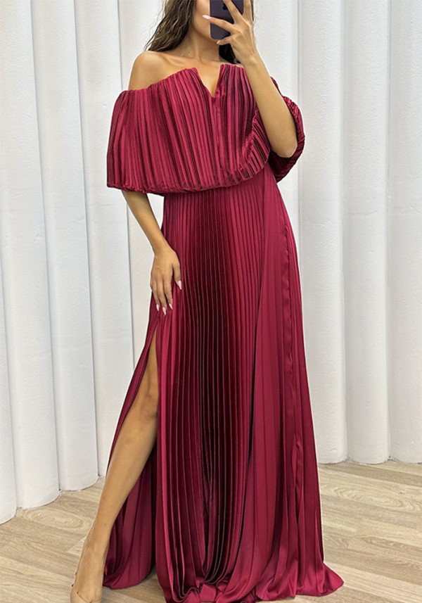 Winter and Spring pleated Off Shoulder slit elegant sexy dress for women