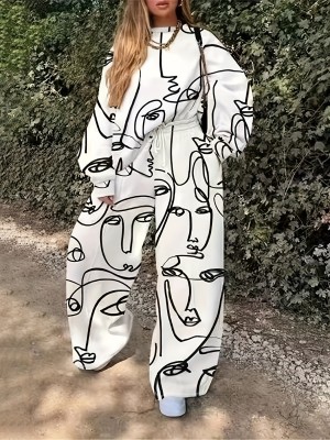 Winter and Spring Plus Size Print Casual Long Sleeve Two-piece Pants Set